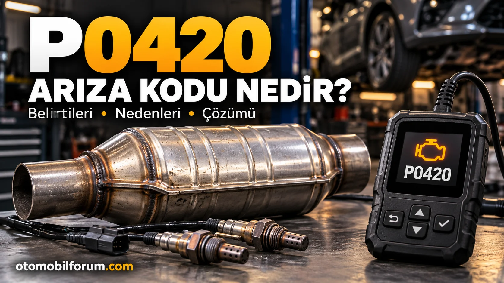 P0420 arıza kodunu gösteren OBD teşhis cihazı, katalitik konvertör ve oksijen sensörleri.