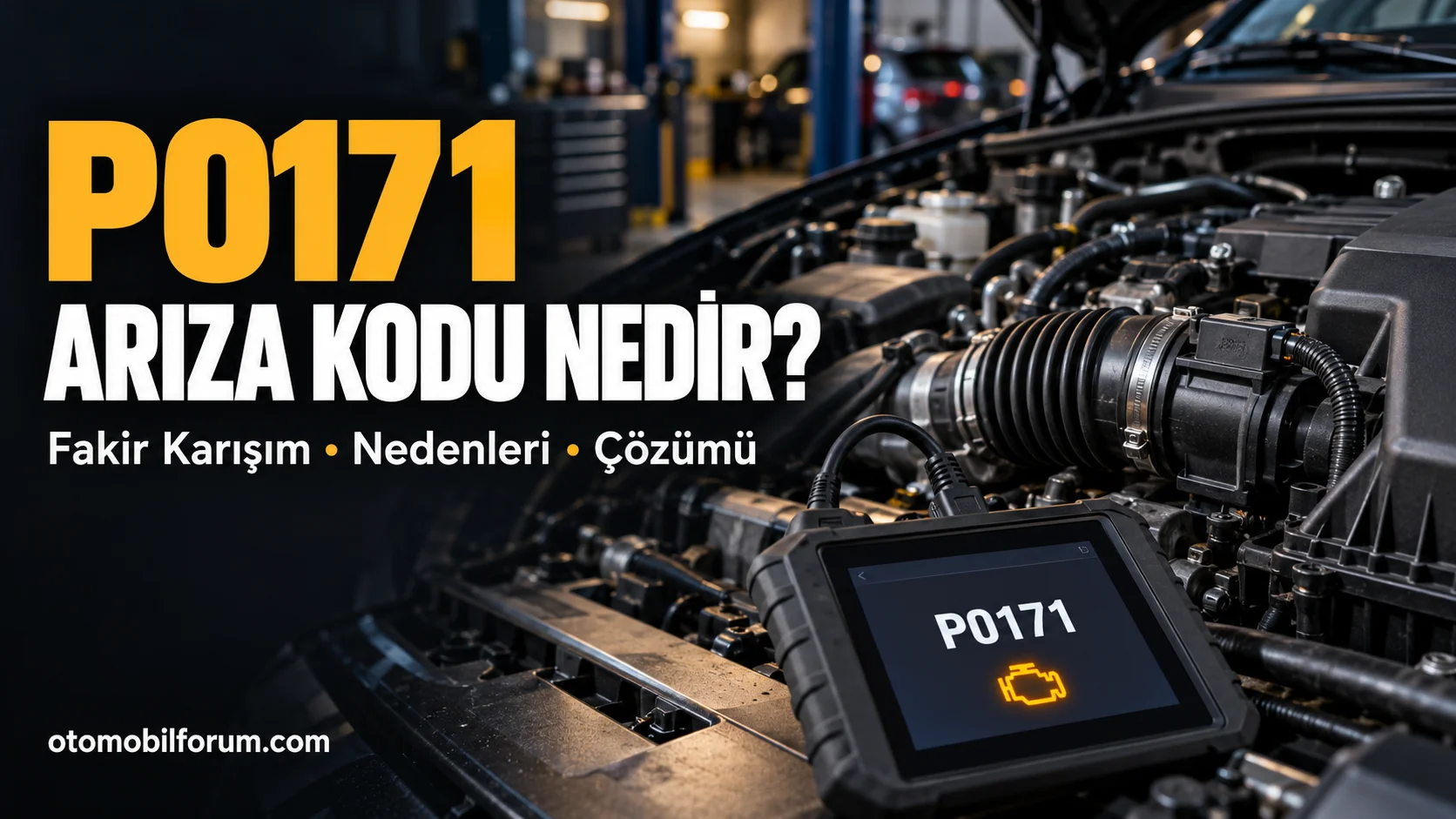 P0171 arıza kodunu gösteren OBD teşhis cihazı ve otomobilin hava emiş sistemi.