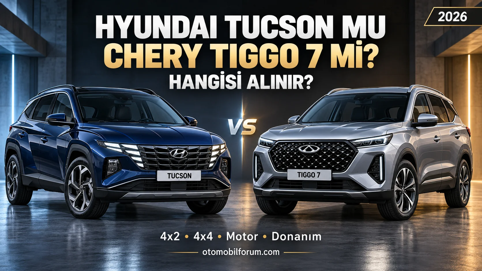 Hyundai Tucson ve Chery Tiggo 7 karşılaştırması: 4x2, 4x4, motor ve donanım seçenekleri.